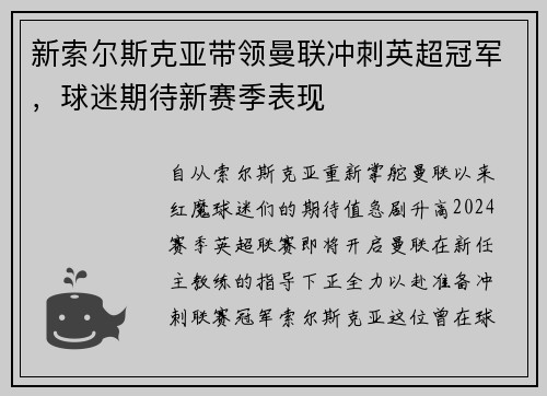 新索尔斯克亚带领曼联冲刺英超冠军，球迷期待新赛季表现