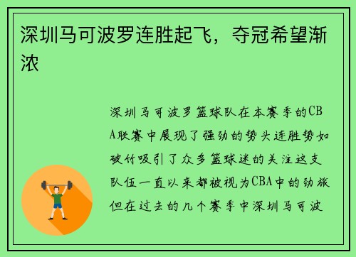 深圳马可波罗连胜起飞，夺冠希望渐浓