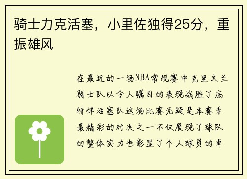 骑士力克活塞，小里佐独得25分，重振雄风